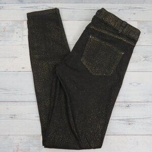 Free People Black & Gold Foil Animal Print Denim Metallic Skinny Jeans Womens 28